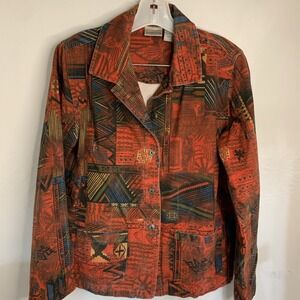 Chicos Women's Size 1 (s-M) Orange Rust Patchwork‎ Button Down Jacket Cotton
